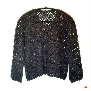 Black, Silver Metalic, Button Down Crochet Cardigan